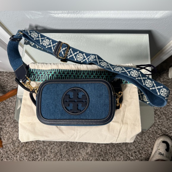 Tory Burch Blue Denim Crossbody Bag with Patterned Strap with garmet bag - Picture 3 of 13